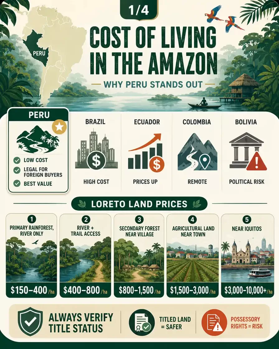 Infographic showing why Peru stands out for affordable Amazon living, with Loreto rainforest land price ranges and title verification guidance.