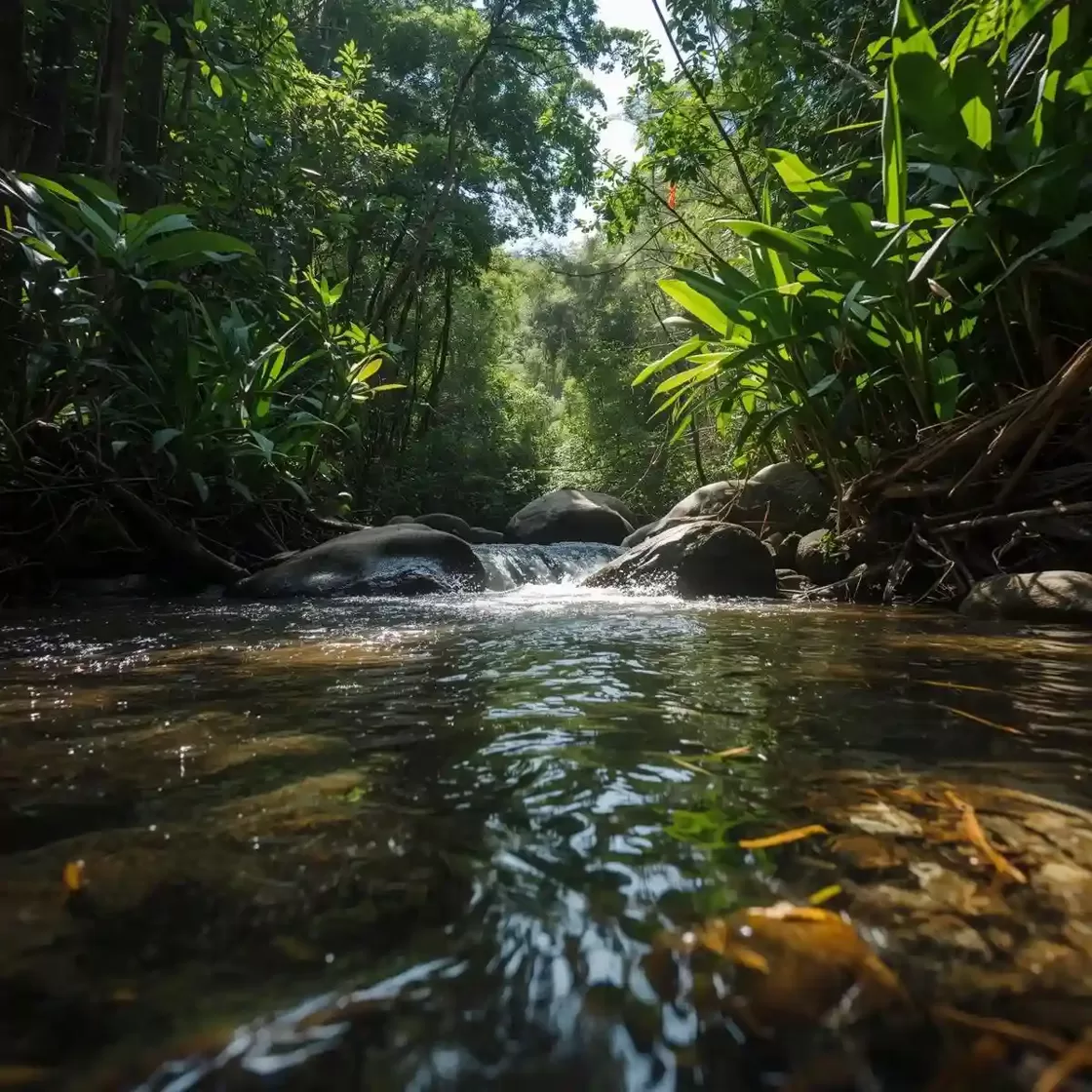 Crystal-clear Amazon stream flowing through dense rainforest vegetation, symbolizing debt-for-nature conservation efforts and preservation of natural ecosystems