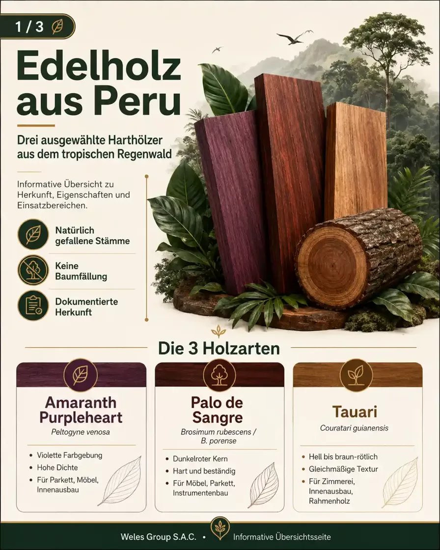 Infografik über Edelholz aus Peru mit Amaranth Purpleheart, Palo de Sangre und Tauari, natürlich gefallenen Stämmen, dokumentierter Herkunft und Einsatzbereichen im Innenausbau, Möbelbau und Parkett.