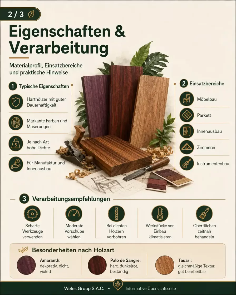 Infografik zu Eigenschaften und Verarbeitung von peruanischem Edelholz mit Hinweisen zu Dauerhaftigkeit, Maserung, Dichte, Möbelbau, Parkett, Innenausbau, Zimmerei und Instrumentenbau.