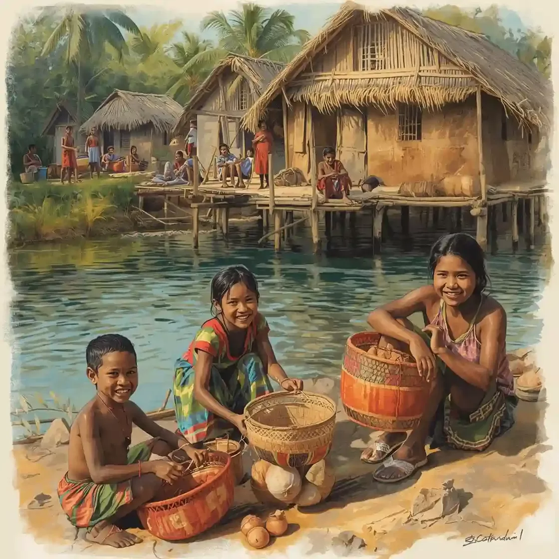 Indigenous children smiling and playing by the river with woven baskets while women prepare cassava near palm-thatched stilt houses in an Amazon village
