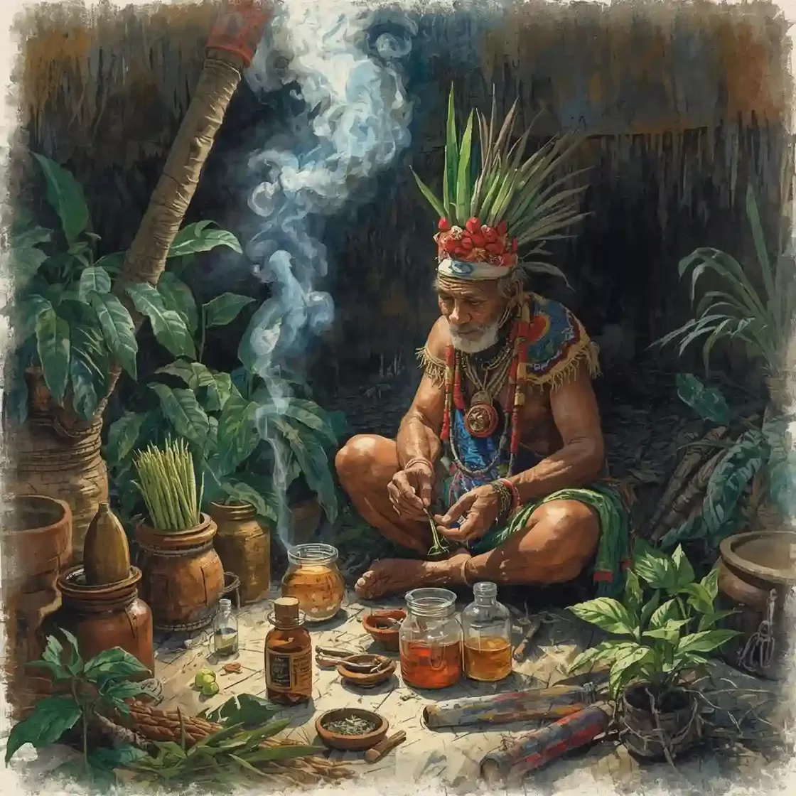 Elderly Amazonian shaman in ceremonial attire preparing traditional plant medicine, surrounded by herbs, jars, and jungle remedies inside a maloca with smoke rising