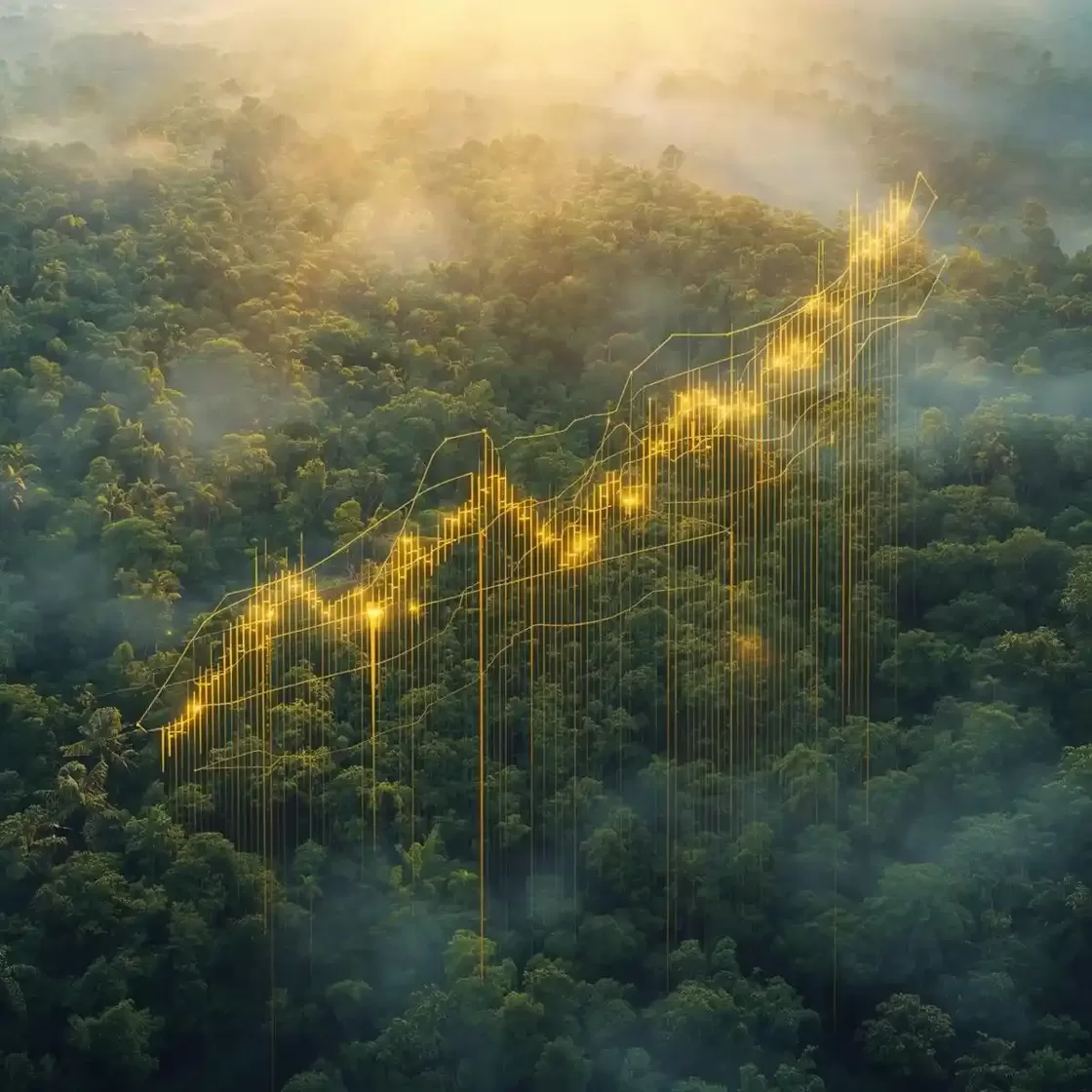 Eine Luftaufnahme des peruanischen Regenwaldes, über dem leuchtende digitale Grafiken schweben. Die Szene symbolisiert die Investition in Kohlenstoffkredite durch die Verbindung von Natur und nachhaltiger Finanztechnologie.