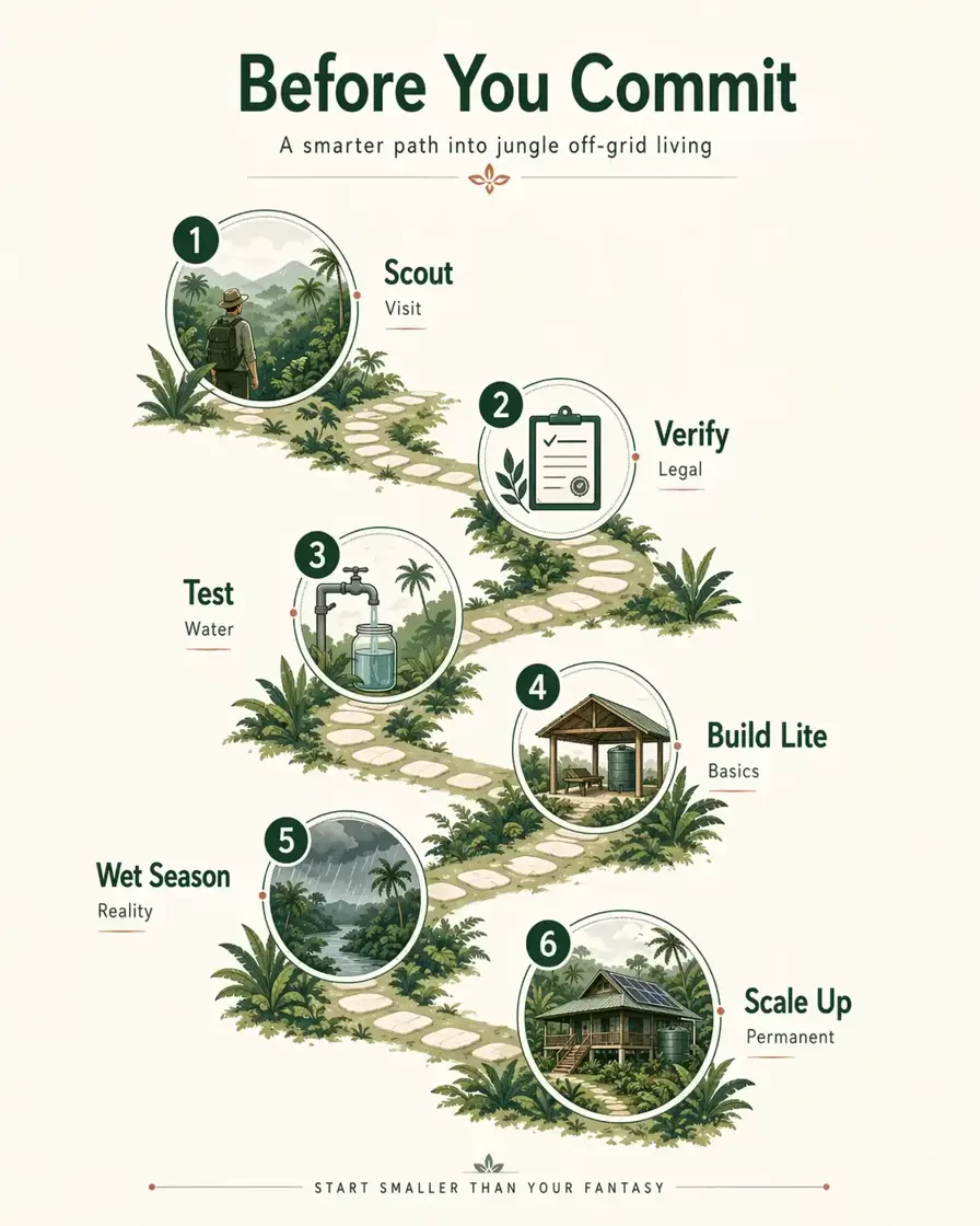Infographic showing a six-step decision roadmap for jungle off-grid living: scout, verify, test, build lite, face the wet season, and scale up to a permanent tropical home.