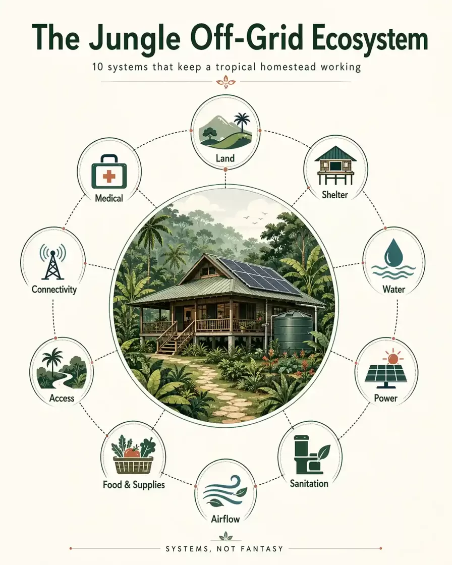 Infographic showing a tropical off-grid home surrounded by ten essential systems: land, shelter, water, power, sanitation, airflow, food and supplies, access, connectivity, and medical support.