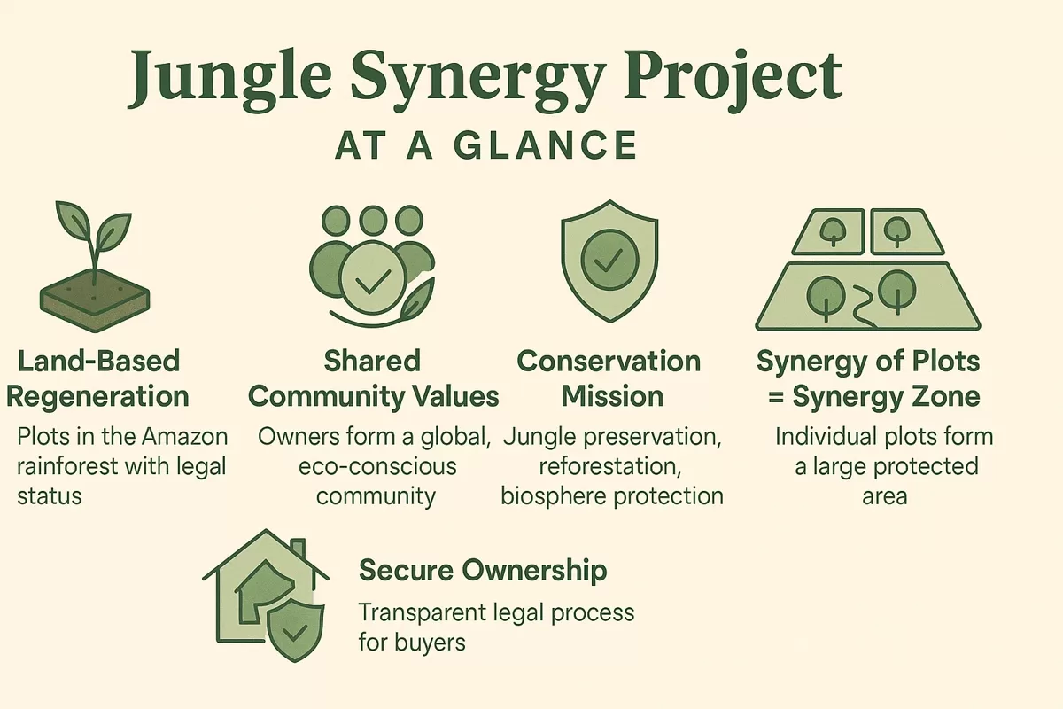 Infographic summarizing the Jungle Synergy Project's core concepts This visual overview illustrates the key pillars of the Jungle Synergy Project, including legal land ownership in the Amazon, community values, ecological restoration, and the creation of a large protected synergy zone.