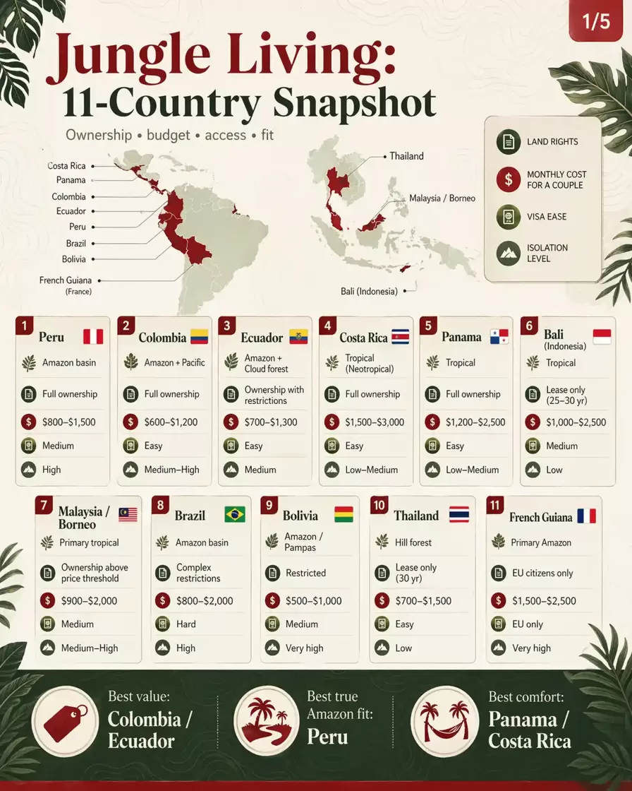 Editorial infographic overview of 11 jungle-living countries across Latin America and Southeast Asia, featuring regional maps, compact country comparison cards, land-rights status, monthly cost ranges, visa ease, isolation level, and highlighted best-value and best-comfort picks.