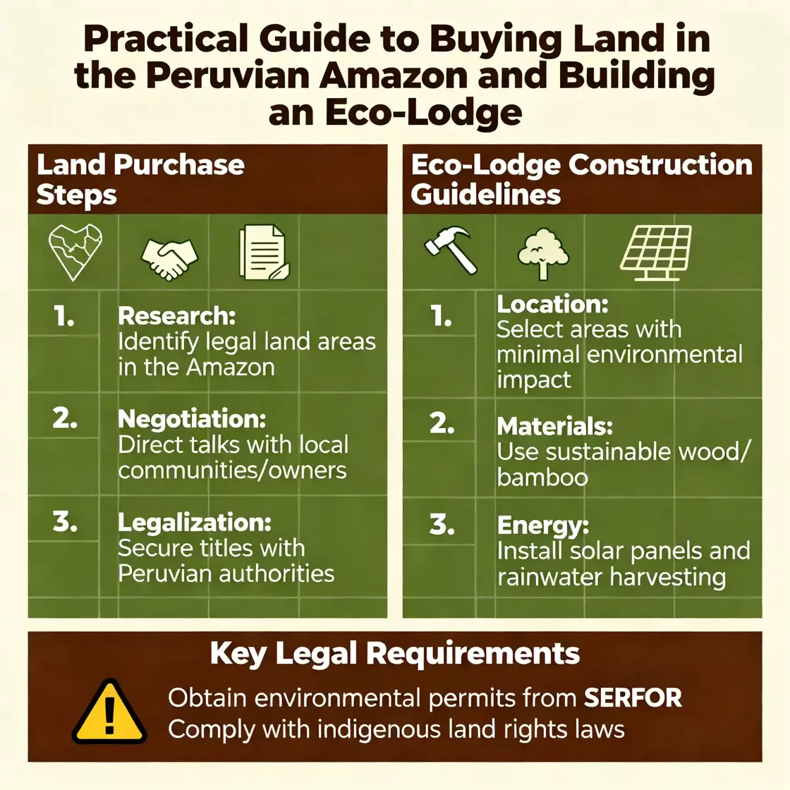 Infografik mit praktischem Leitfaden zum Kauf von Land im peruanischen Amazonas und zum Bau einer Eco-Lodge, inklusive Schritte zur Legalisierung, Baukriterien und rechtliche Anforderungen