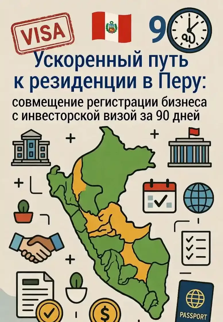 Иллюстрация карты Перу с иконками регистрации бизнеса, инвесторской визы, паспорта, часов на 90 дней и долларов – символ ускоренного получения резиденции в Перу через инвестиции и открытие компании