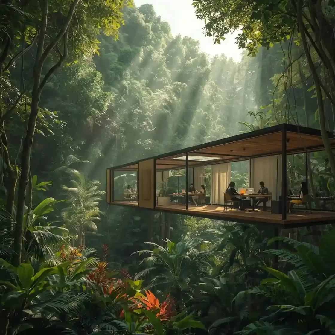 Modern glass workspace suspended above lush Amazon rainforest in Peru, symbolizing the rise of remote work, Web3 innovation, and sustainable digital nomad hubs in Loreto