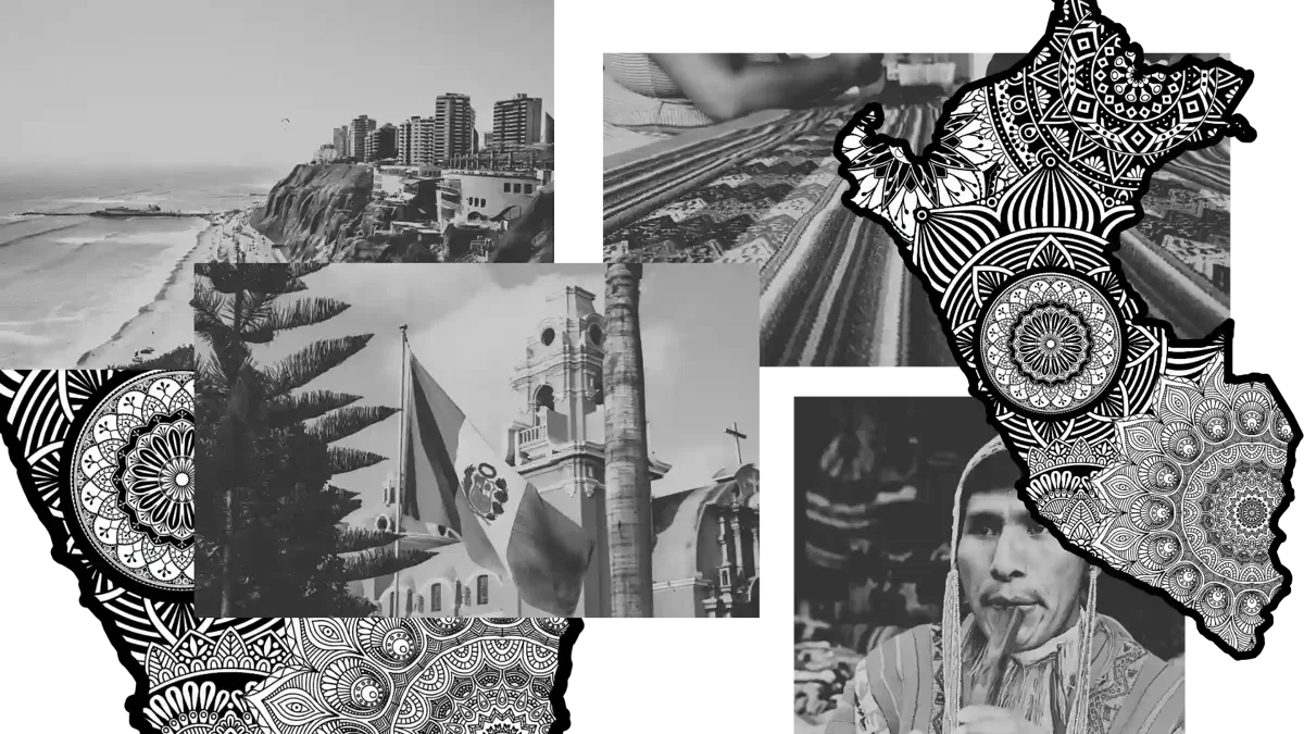 Visual collage representing the cultural richness of Peru: modern cities, Andean heritage, native traditions, symbolic mandalas, and national identity – a harmonious fusion of history and future.