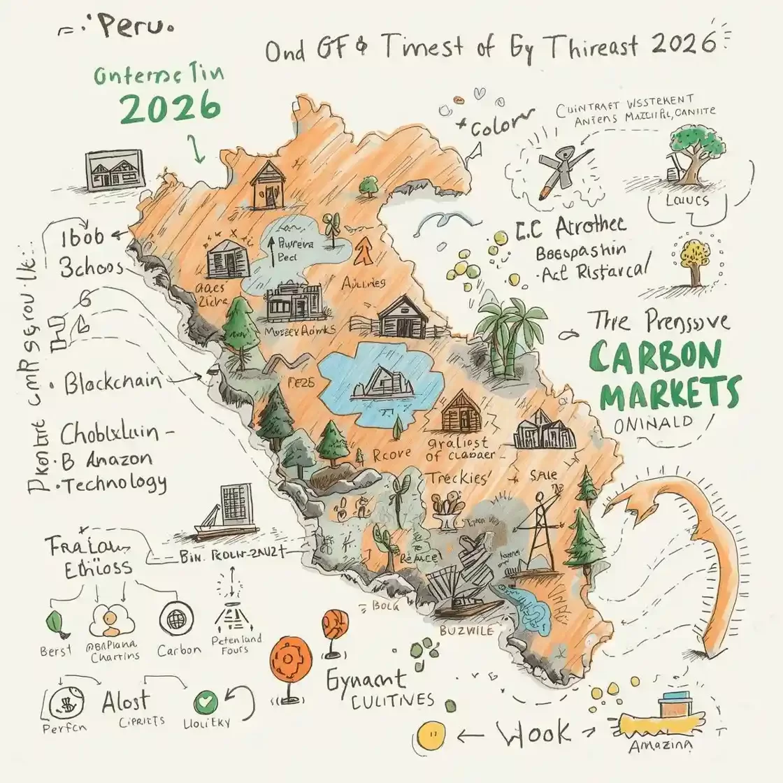 Peru investment opportunities 2026 featuring Amazon rainforest with blockchain technology overlay, indigenous community member using digital tablet for carbon credit trading, solar panels and sustainable technology in background