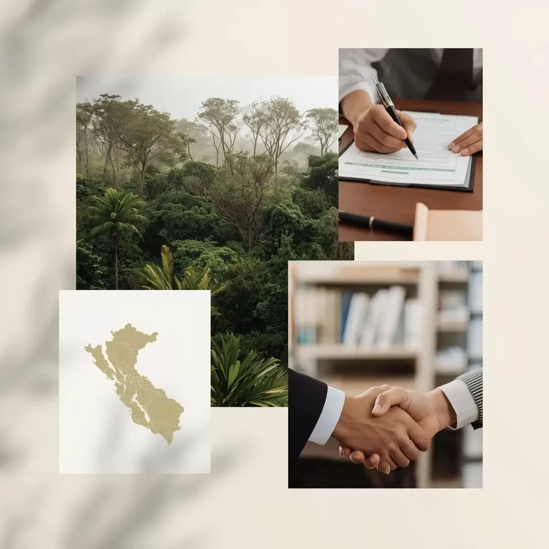 Collage illustrating the legal process of buying land in Peru as a foreigner in 2026, featuring Amazon rainforest, a notary signing documents, a digital property registry and a map of Peru.