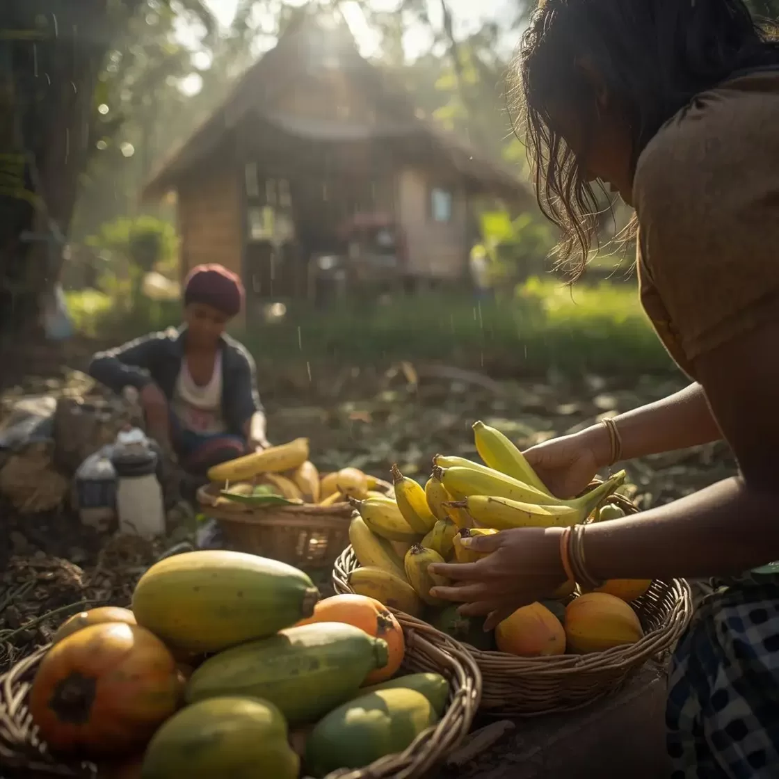 Peruvian rural family harvesting cassava in a shaded garden with baskets of bananas and papayas, traditional palm-roof house visible in the background