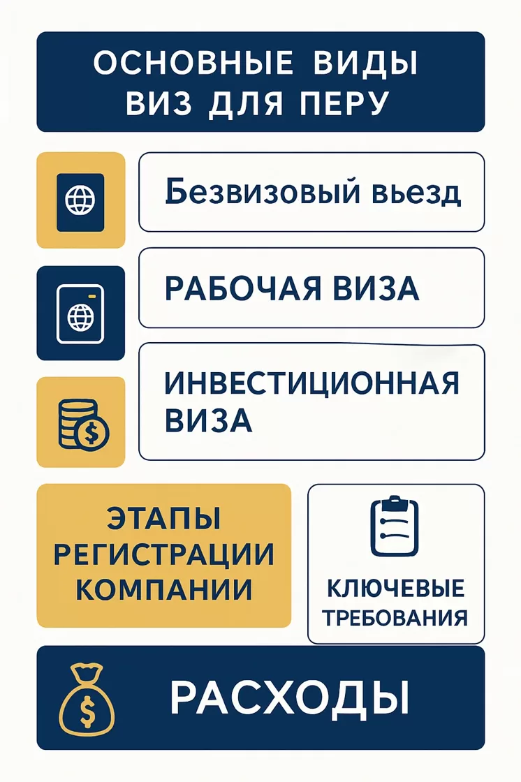 Инфографика: виды виз в Перу, этапы оформления ВНЖ и регистрации компании, ключевые требования и сроки 