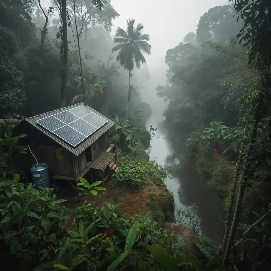 Small off-grid wooden house on stilts in the Peruvian Amazon rainforest, equipped with rooftop solar panels and a rainwater collection tank by a misty jungle river