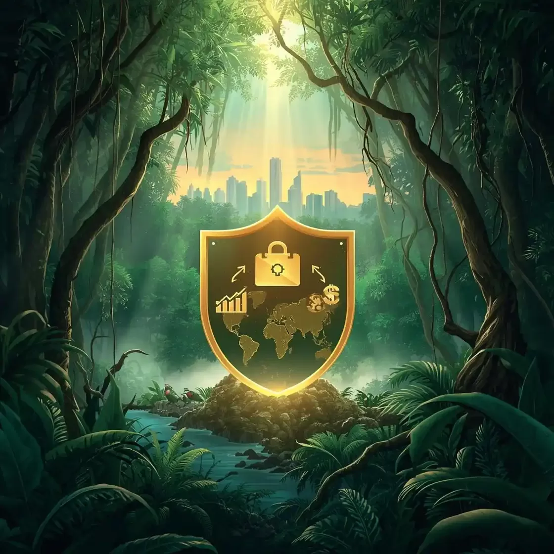 Peruvian Amazon rainforest with a glowing golden shield symbolizing corporate protection from climate fines, featuring wildlife, sunlight rays, and a blended city-nature horizon for a sustainable business triumph.