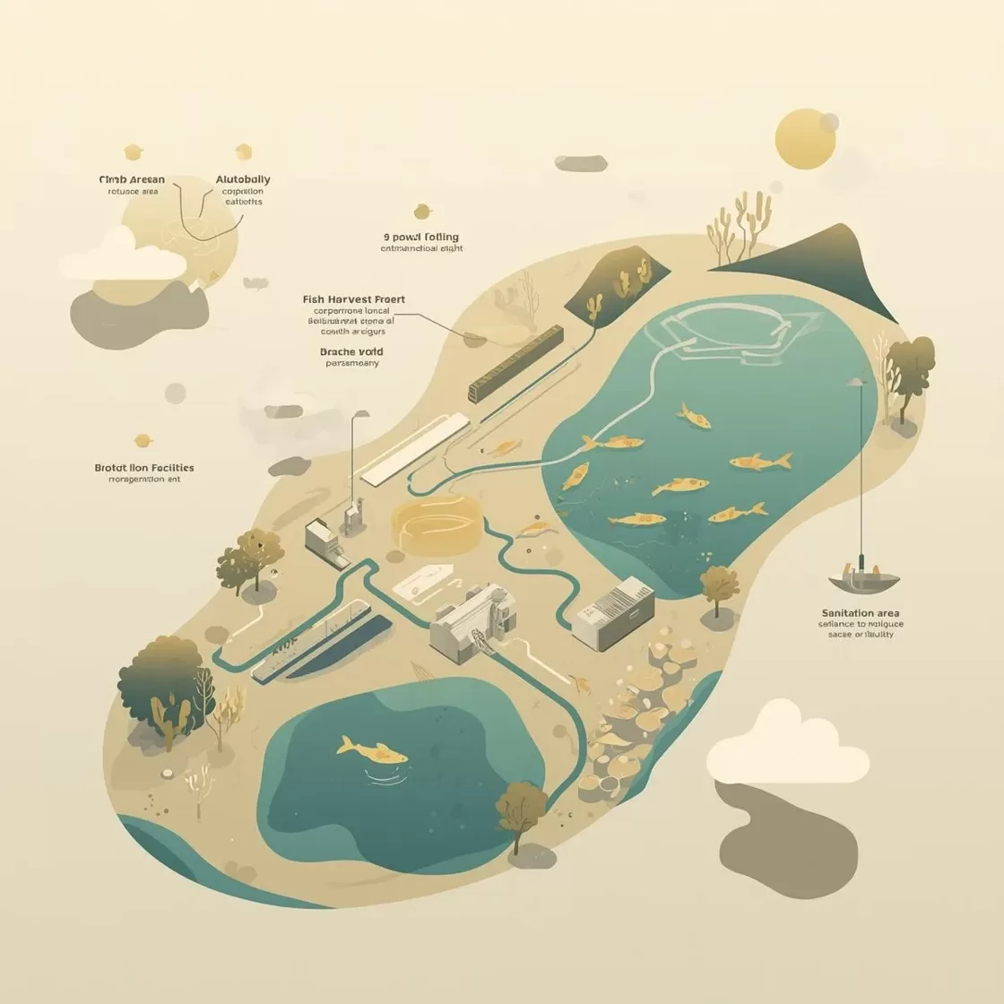 Peruvian Amazon tilapia pond blueprint with 300–400 m² footprint one meter depth clay dam lined spillway forebay and gravity irrigation to garden