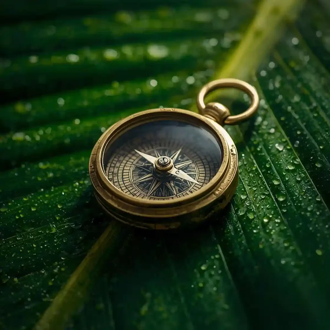 Makro eines Kompasses auf einem Amazonas-Blatt als Metapher für den PNCB-Leitfaden in Loreto und Ucayali.