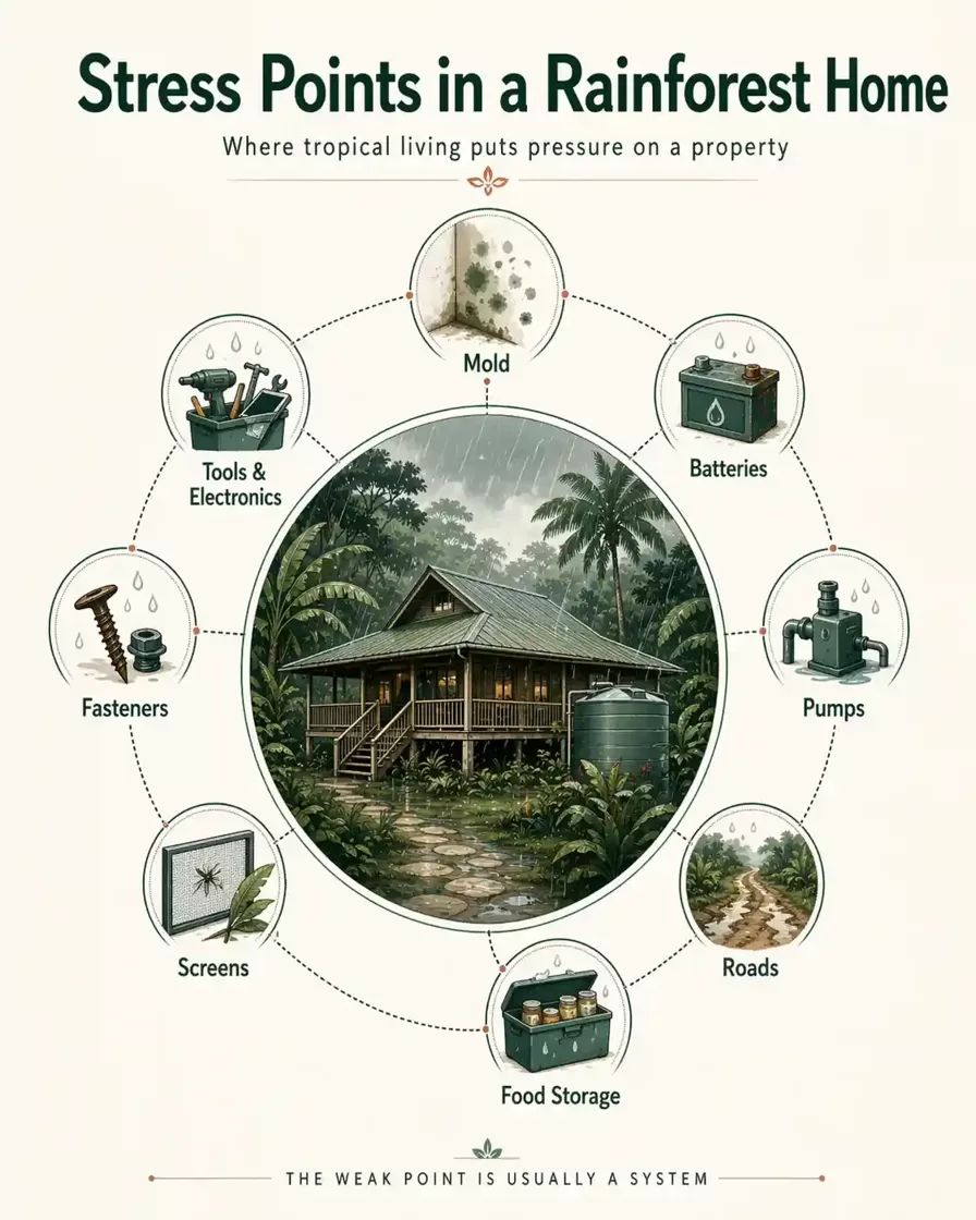 Infographic highlighting the main stress points in a rainforest home, including mold, batteries, pumps, roads, food storage, screens, fasteners, and tools and electronics exposed to tropical moisture.