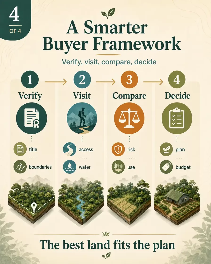Infographic presenting a four-step buyer framework for rainforest land in Peru: verify title, visit the land, compare risks and decide with a clear plan.