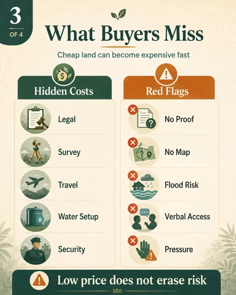 Infographic highlighting hidden costs and red flags when buying rainforest land in Peru, including legal checks, surveys, travel, flood risk and missing documents.