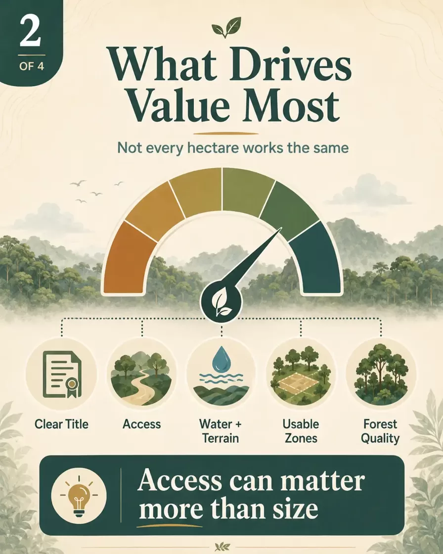 Infographic showing the main value drivers of rainforest land in Peru, including clear title, access, water, terrain, usable zones and forest quality.