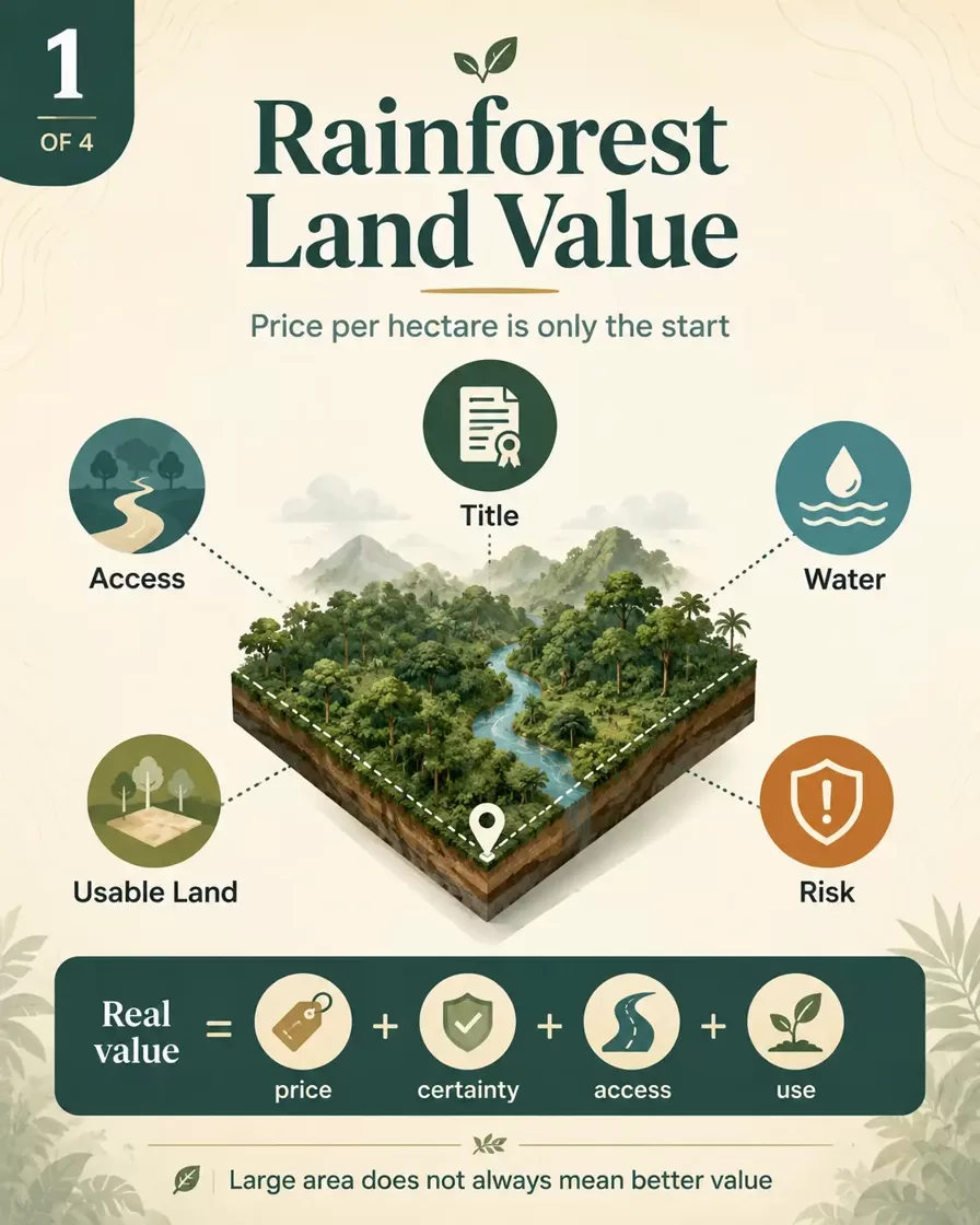 Infographic explaining that rainforest land value in Peru depends on title, access, water, usable land and risk, not only price per hectare.