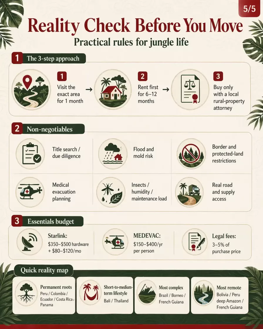 Practical jungle-relocation checklist infographic outlining a three-step move process, non-negotiable due-diligence items, essential support costs, and a quick reality map showing which countries fit permanent roots, short-term lifestyle, complex setups, or deep remoteness.
