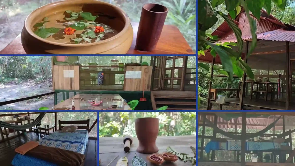 Collage of Amazonian solo retreat — jungle hut exterior and interior views, hammock, ceremonial space, natural surroundings, peaceful atmosphere in Peruvian Amazon