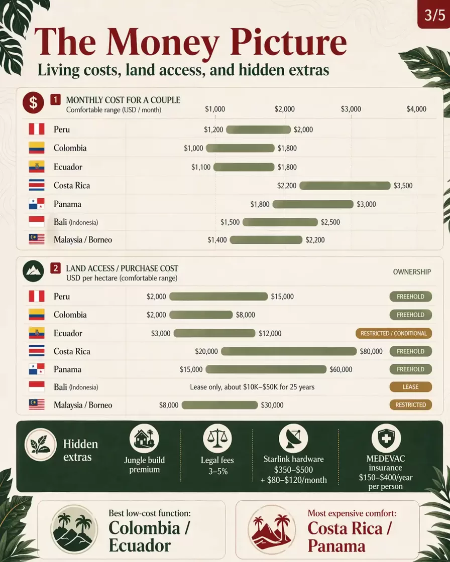 Data-driven infographic comparing the cost of jungle living, land access, and hidden extras across major countries, with horizontal range charts for monthly couple budgets, land price ranges, ownership status, and added costs such as legal fees, Starlink, and MEDEVAC.