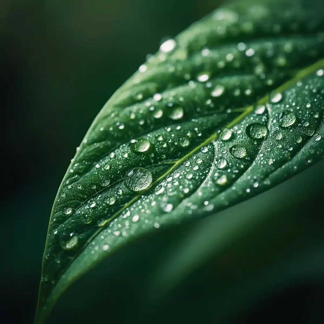 Makroaufnahme eines Amazonas-Blattes mit Tautropfen als Symbol für Fondsunterstützung und Waldschutz in Peru.