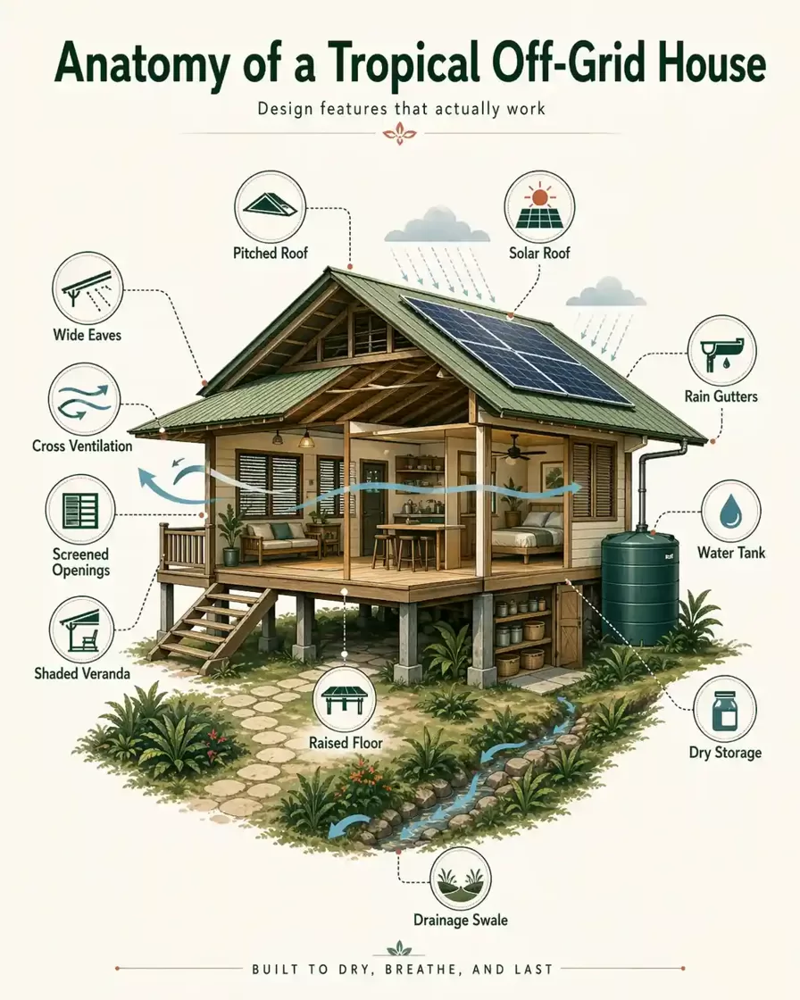 Infographic of a tropical off-grid house with key design features such as a raised floor, wide eaves, pitched roof, solar roof, rain gutters, water tank, cross ventilation, screened openings, shaded veranda, dry storage, and drainage swale.