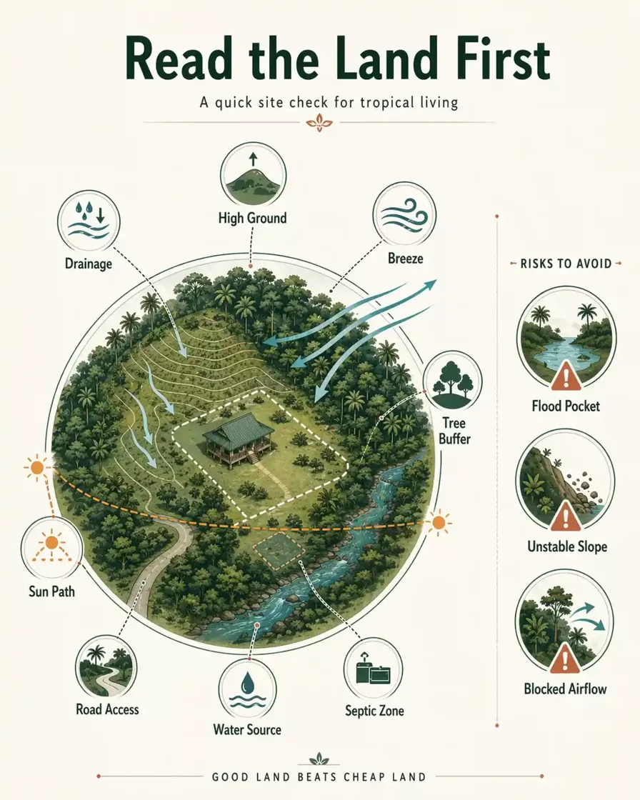Infographic illustrating how to assess tropical land for off-grid living, including high ground, drainage, breeze, road access, water source, septic zone, tree buffer, sun path, and three land risks to avoid.