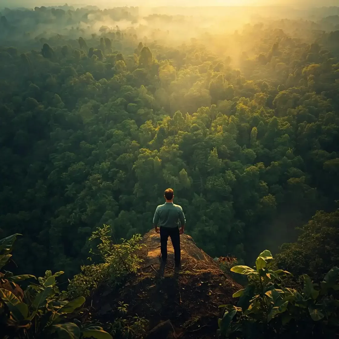 Cinematic digital art of a Peruvian Amazon jungle with a cracked stone door revealing golden scrolls of "7 Secrets" and exploding stock charts, VC professionals discovering a 500% ROI treasure map, symbolizing high-return sustainable investments.