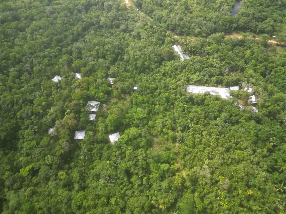 Vista aérea de zonas del eco-lodge entre selva densa, con varios bungalós y edificios principales.