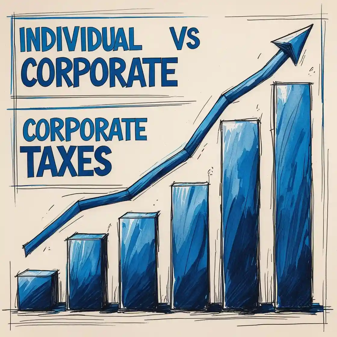 Столбчатый график с восходящей линией и надписью «Individual vs Corporate — Corporate Taxes», иллюстрирующий сравнение налоговой нагрузки физлиц и компаний