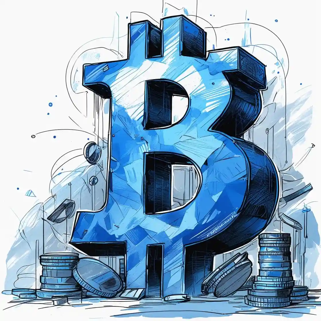Крупный символ биткоина и стопки монет в синей гамме — тема налогообложения операций с криптовалютой, расчёт прибыли и отчётность