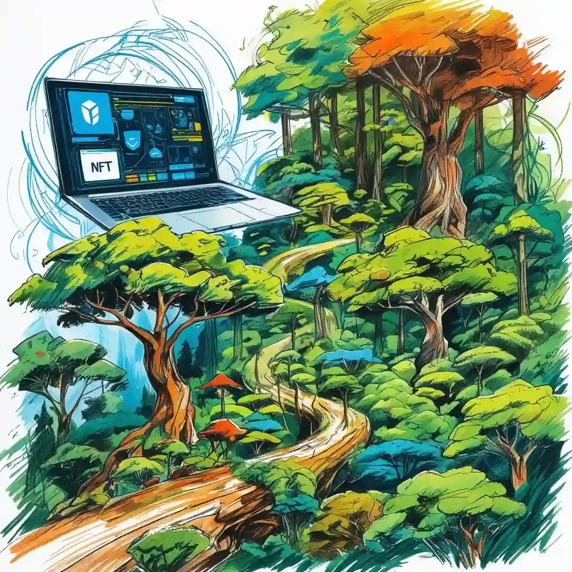 Laptop with an NFT dashboard hovering over a stylized Amazon rainforest, representing tokenized conservation, transparent funding, and community governance
