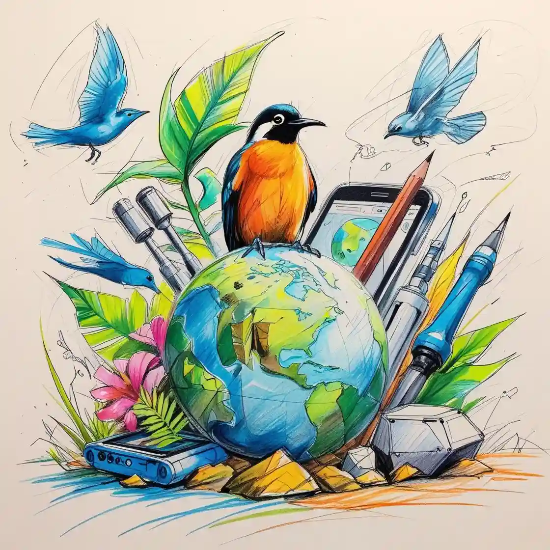 Colorful bird perched on a globe surrounded by smartphone, sensors, and field tools, representing open-source conservation tech, biodiversity monitoring, and citizen science