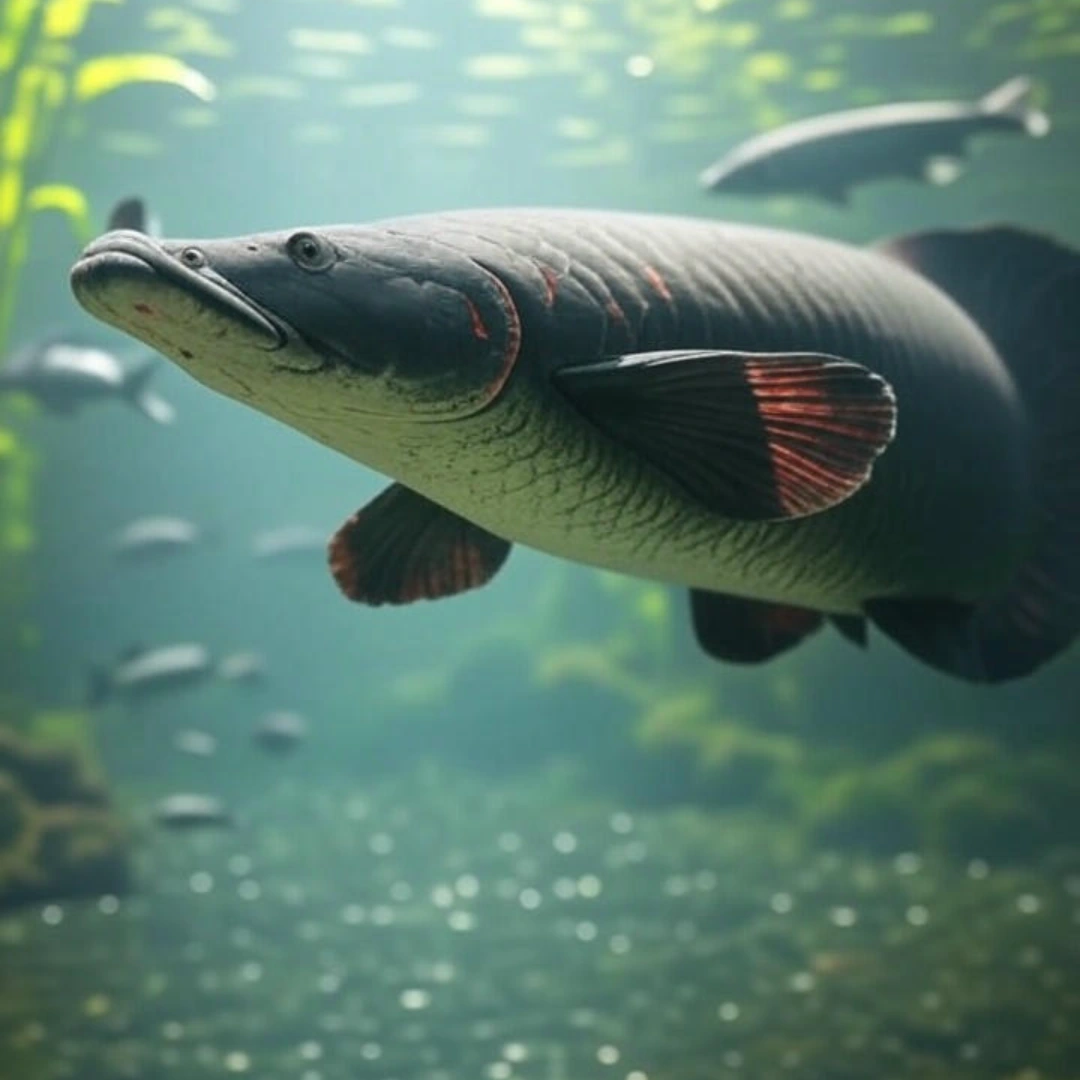 Paiche in water - aropaimas from the Peruvian Amazon, large freshwater fish with shiny scales, a symbol of Amazonian nature