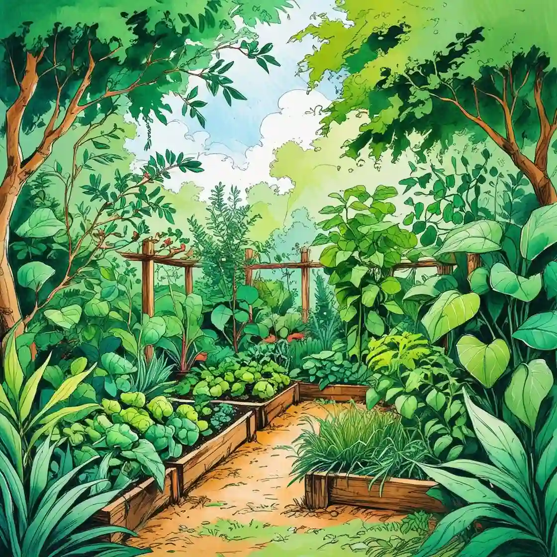 Permakultur-Gemüsegarten im peruanischen Amazonas mit üppiger Biodiversität