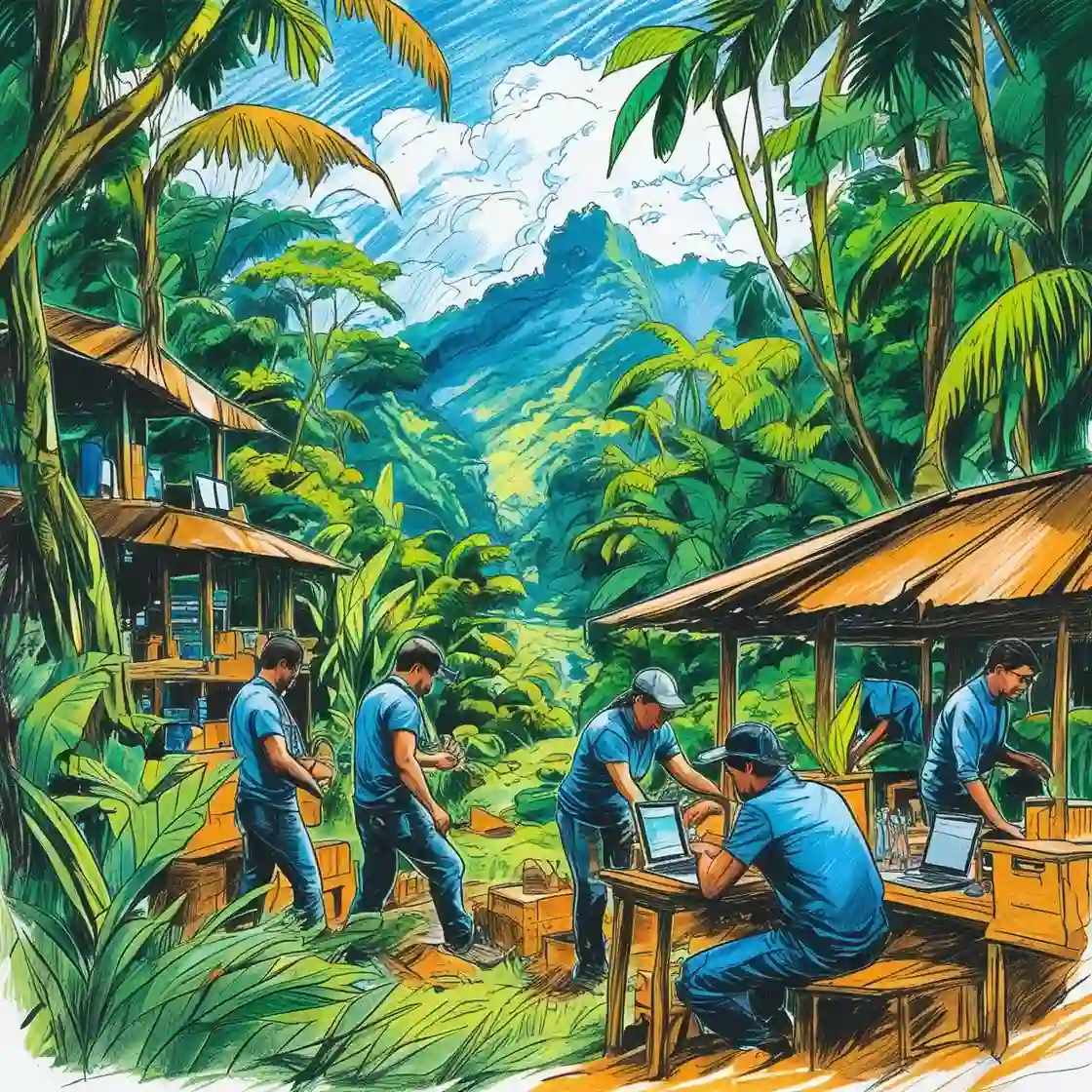 Field team in the Peruvian Amazon using laptops and sensors to record conservation data with blockchain tools, illustrating sustainable, transparent jungle protection