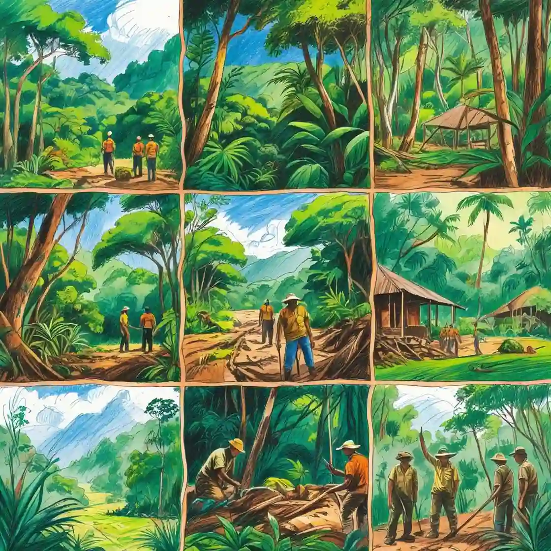 Nine-panel storyboard of field teams in the Peruvian Amazon surveying forest, clearing trails, and building eco-lodge structures as part of conservation and sustainable land management