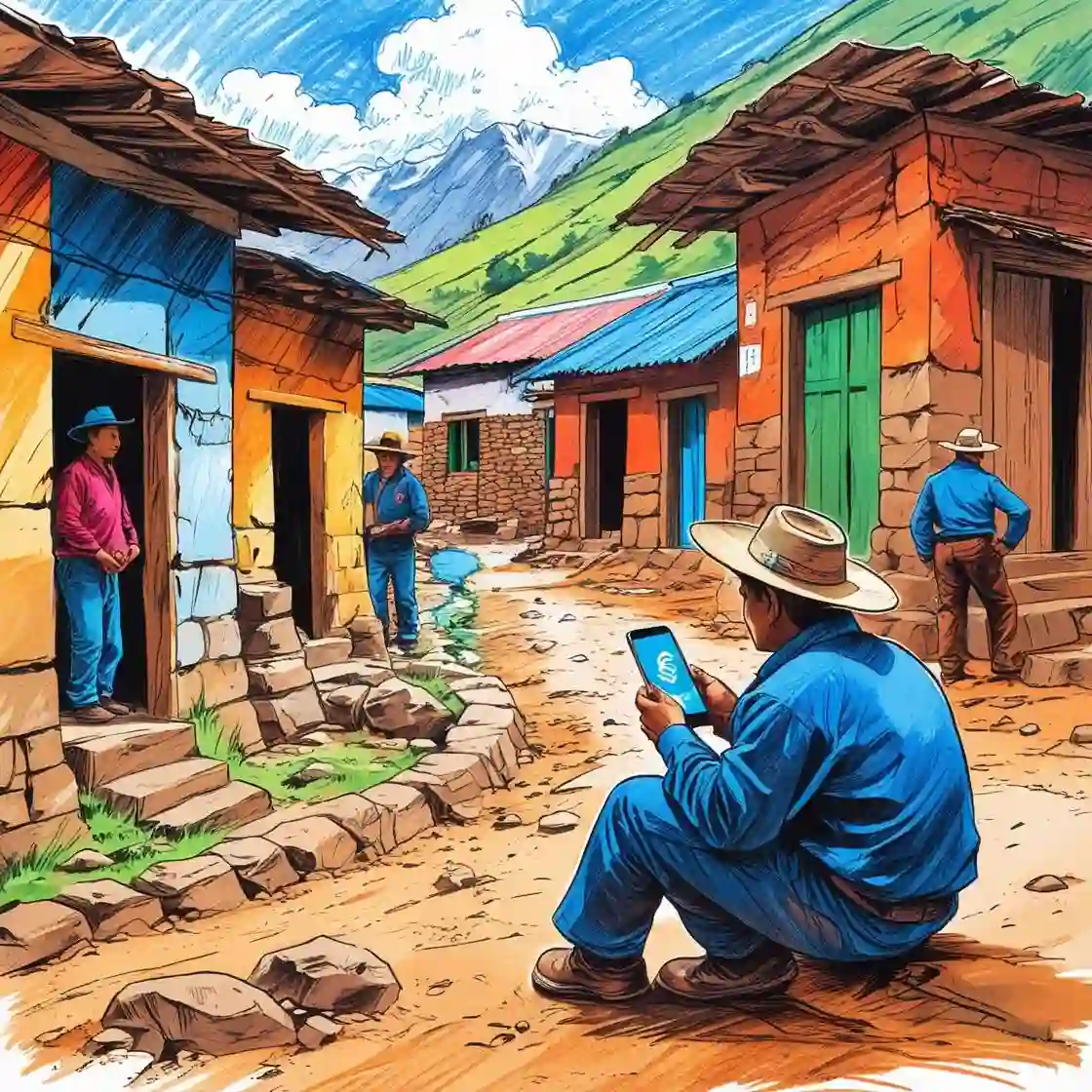 Andean villagers in a remote Peruvian town using a smartphone wallet, illustrating lower-fee, faster stablecoin remittances versus traditional transfers