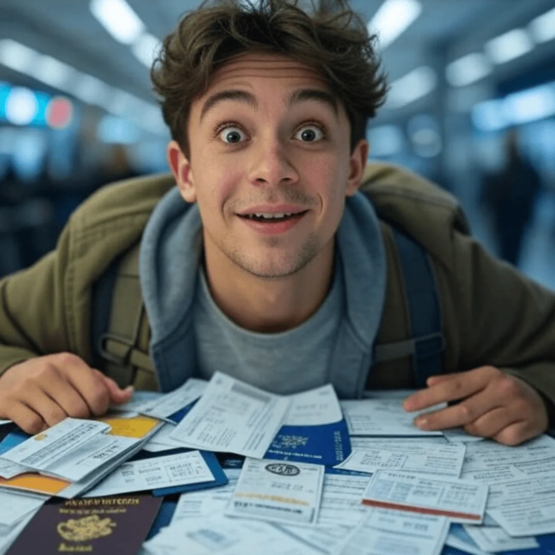 Excited traveler preparing visa documents for moving to Peru A young man at the airport surrounded by passports and visa paperwork, symbolizing the process of obtaining a work, business, or retirement visa in Peru.
