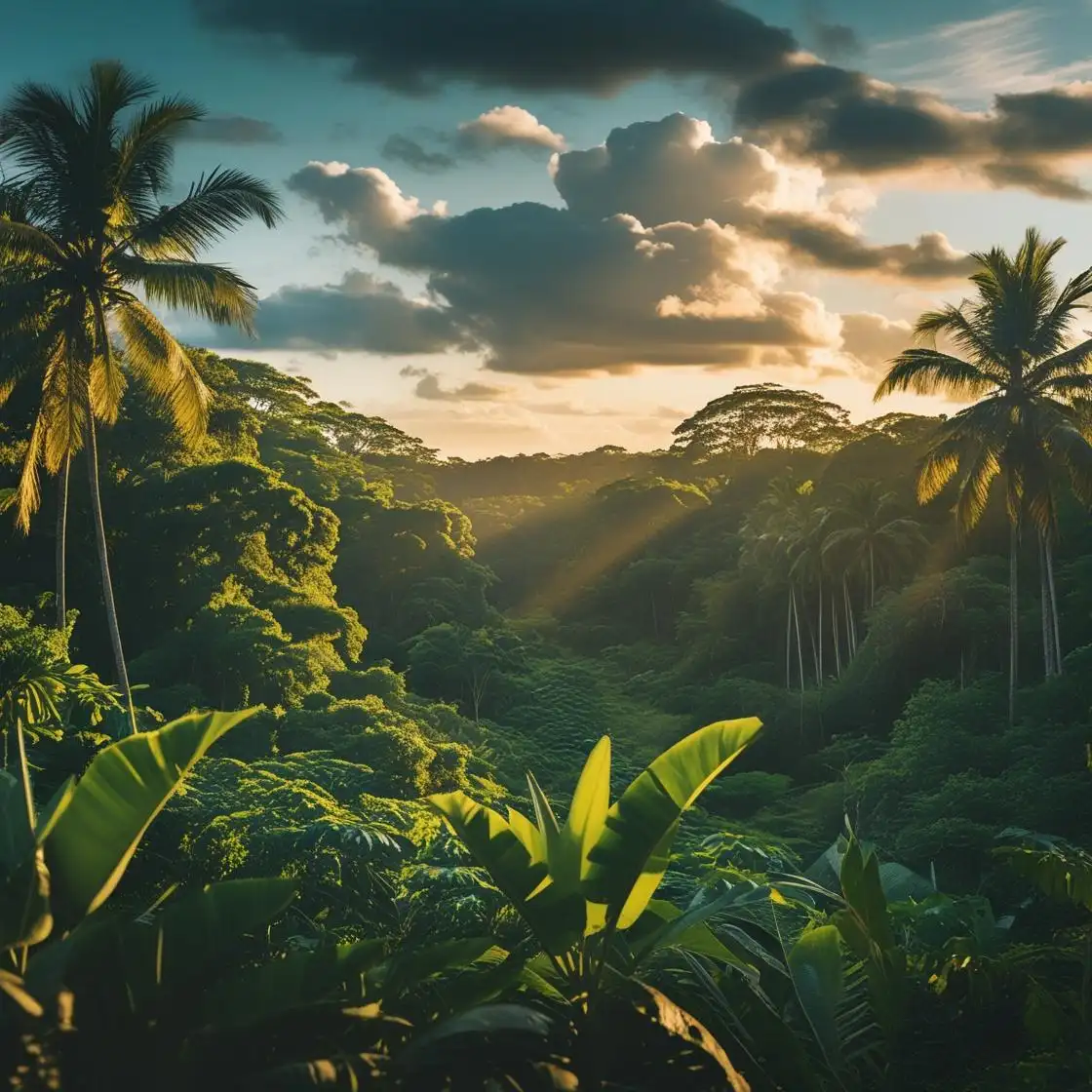 Golden-hour view of lush Amazon rainforest in Peru with palm silhouettes, setting a professional tone for land investment guidance