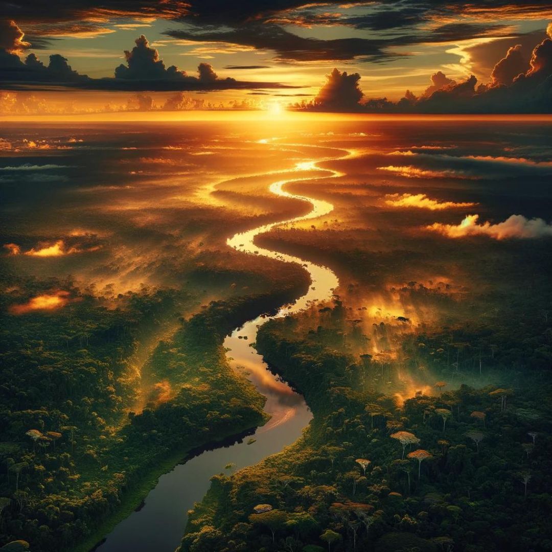 Sunset over the Peruvian Amazon River winding through the jungle rainforest