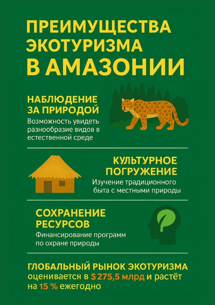 4 ключевых преимущества экотуризма в Амазонии — наблюдение за природой, культурное погружение, сохранение ресурсов и рост мирового экорынка