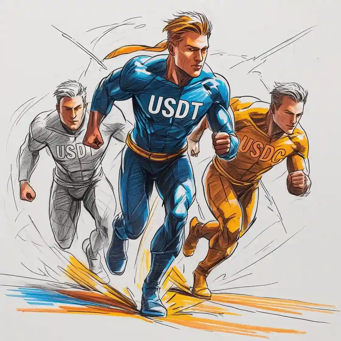 Comic-style superheroes labeled USDT and USDC sprinting ahead, symbolizing stablecoins leading cross-border remittances and payments in Latin America